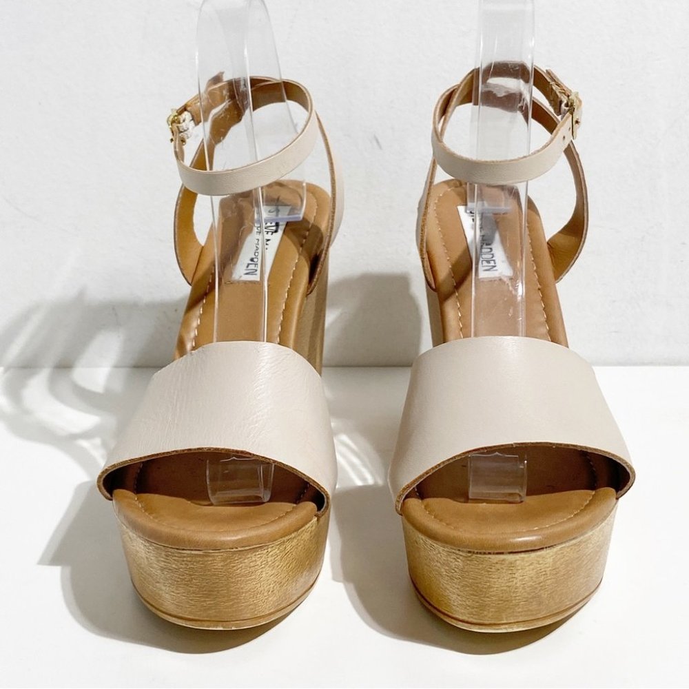 Steve Madden Cream Leather Platform Wedge Sandals - Picture 2 of 7
